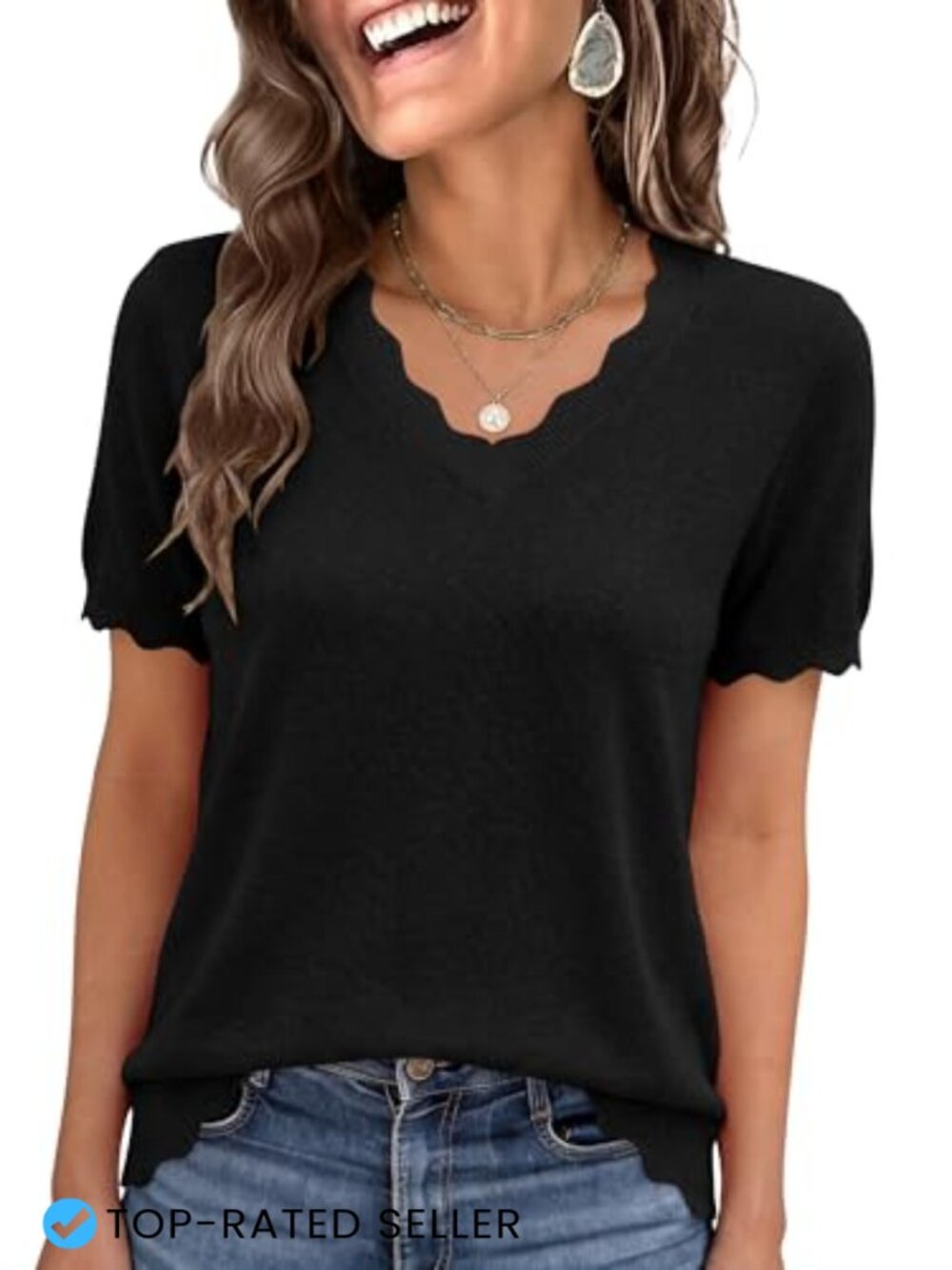 Short Sleeve Ribbed Knit Sweater Scalloped Trim Business Casual Work Top